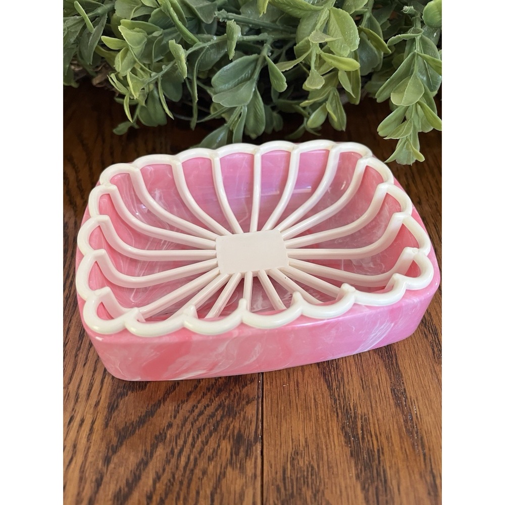 Vintage 60s Pink White Marbled Plastic Soap Dish Removable Drain Tray Retro New